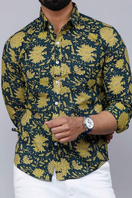 Buy_Aryavir Malhotra_Green Cotton Floral Print Collared Shirt 