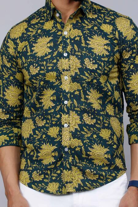 Shop_Aryavir Malhotra_Green Cotton Floral Print Collared Shirt 