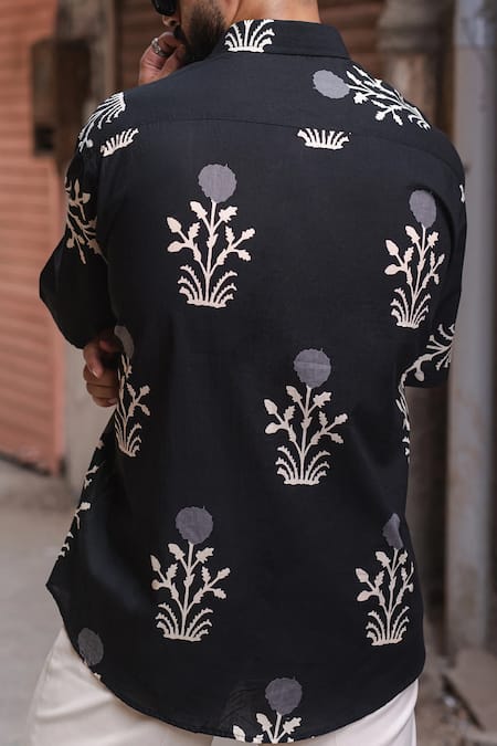 Shop Aryavir Malhotra Black Cotton Floral Motifs Print Shirt at Aza Fashions Shop_Aryavir Malhotra_Black Cotton Floral Motifs Print Shirt _at_Aza_Fashions