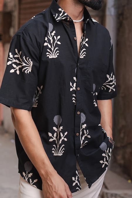 Aryavir Malhotra Black Cotton Floral Motifs Print Shirt Online at Aza Fashions Aryavir Malhotra_Black Cotton Floral Motifs Print Shirt _Online_at_Aza_Fashions