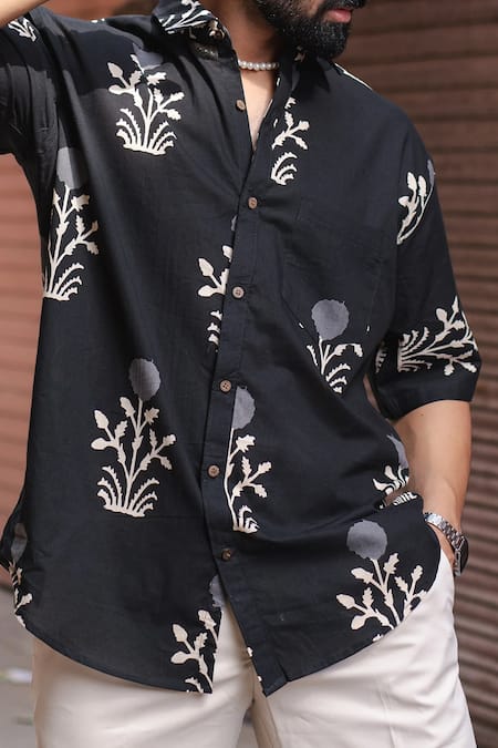 Shop Aryavir Malhotra Black Cotton Floral Motifs Print Shirt Online at Aza Fashions Shop_Aryavir Malhotra_Black Cotton Floral Motifs Print Shirt _Online_at_Aza_Fashions