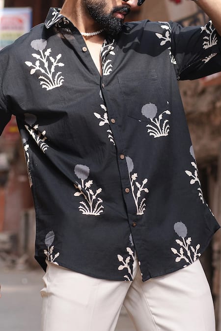 Aryavir Malhotra Black Cotton Floral Motifs Print Shirt at Aza Fashions Aryavir Malhotra_Black Cotton Floral Motifs Print Shirt _at_Aza_Fashions