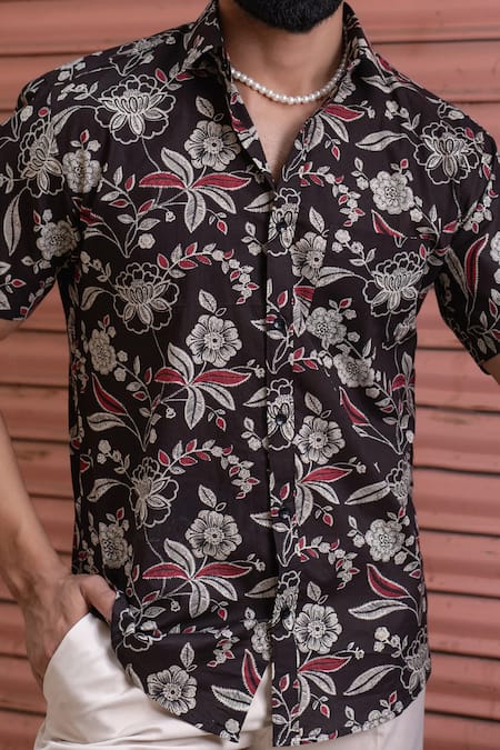 Shop Aryavir Malhotra Black Cotton Floral Vine Print Collared Shirt Online at Aza Fashions Shop_Aryavir Malhotra_Black Cotton Floral Vine Print Collared Shirt _Online_at_Aza_Fashions