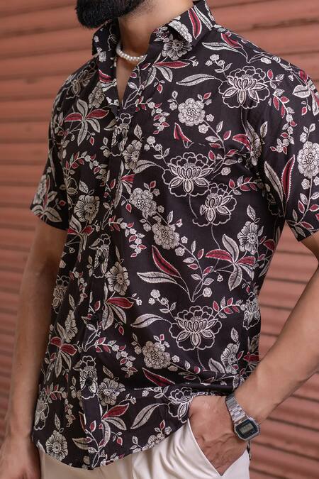 Aryavir Malhotra Black Cotton Floral Vine Print Collared Shirt at Aza Fashions Aryavir Malhotra_Black Cotton Floral Vine Print Collared Shirt _at_Aza_Fashions