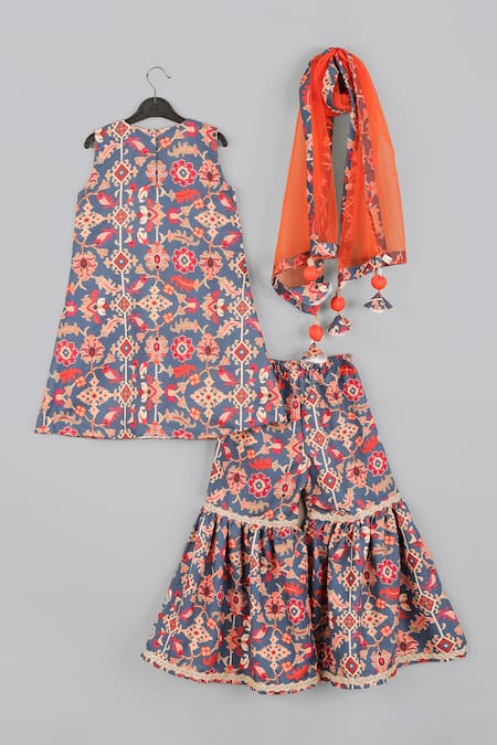 Little Brats_Blue Maheshwari, Silk Embroidery, Lace, Floral Vine Print Kurta Sharara Set _Online_at_Aza_Fashions