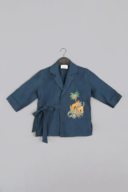 Little Brats Blue Silk Beads, Embroidery Cheetah Threadwork Top With Pant 