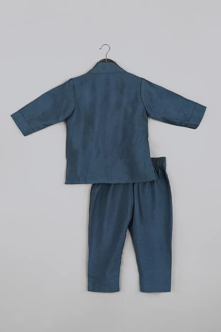 Little Brats_Blue Silk Beads, Embroidery Cheetah Threadwork Top With Pant _Online_at_Aza_Fashions