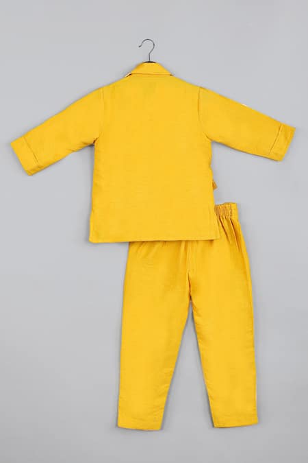 Little Brats_Yellow Silk Beads, Embroidery Cheetah Threadwork Side-tie Top With Pant _Online_at_Aza_Fashions