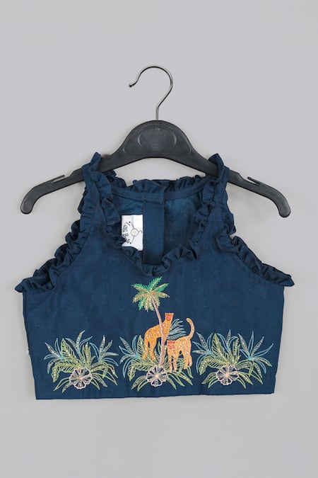 Little Brats_Blue Silk, Cotton Beads, Embroidery, Cheetah Threadwork Blouse With Lehenga _Online_at_Aza_Fashions