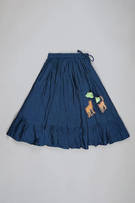 Shop_Little Brats_Blue Silk, Cotton Beads, Embroidery, Cheetah Threadwork Blouse With Lehenga _Online_at_Aza_Fashions