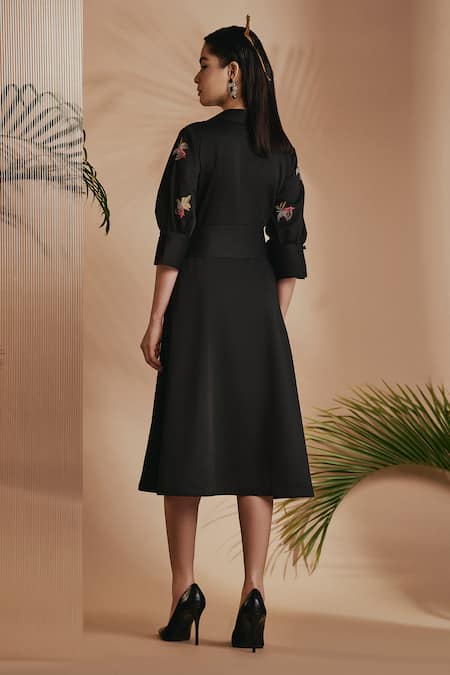Origani Black Cotton Satin Applique, Embroidery V-neck Flared A-line Dress With Online at Aza Fashions Origani_Black Cotton Satin Applique, Embroidery V-neck Flared A-line Dress With _Online_at_Aza_Fashions