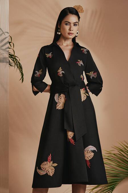 Buy Origani Black Cotton Satin Applique, Embroidery V-neck Flared A-line Dress With Online at Aza Fashions Buy_Origani_Black Cotton Satin Applique, Embroidery V-neck Flared A-line Dress With _Online_at_Aza_Fashions