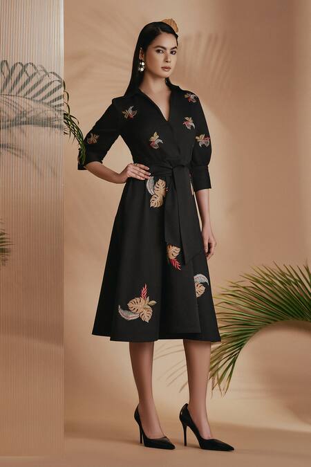 Shop Origani Black Cotton Satin Applique, Embroidery V-neck Flared A-line Dress With Online at Aza Fashions Shop_Origani_Black Cotton Satin Applique, Embroidery V-neck Flared A-line Dress With _Online_at_Aza_Fashions