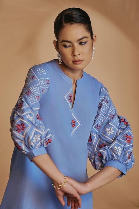 Buy Origani Blue Linen Embroidery Split V-neck Sleeve Tunic Dress Online at Aza Fashions Buy_Origani_Blue Linen Embroidery Split V-neck Sleeve Tunic Dress _Online_at_Aza_Fashions