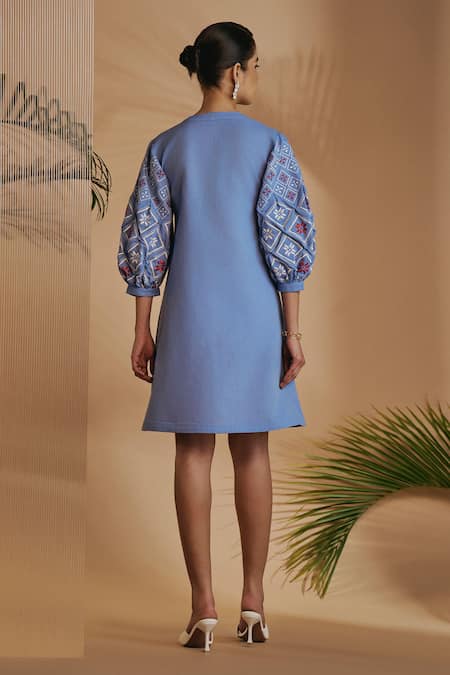 Origani Blue Linen Embroidery Split V-neck Sleeve Tunic Dress Online at Aza Fashions Origani_Blue Linen Embroidery Split V-neck Sleeve Tunic Dress _Online_at_Aza_Fashions