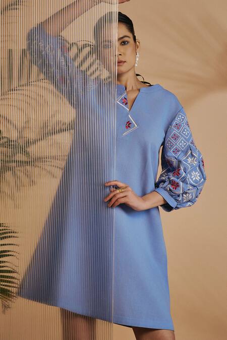 Origani Blue Linen Embroidery Split V-neck Sleeve Tunic Dress at Aza Fashions Origani_Blue Linen Embroidery Split V-neck Sleeve Tunic Dress _at_Aza_Fashions