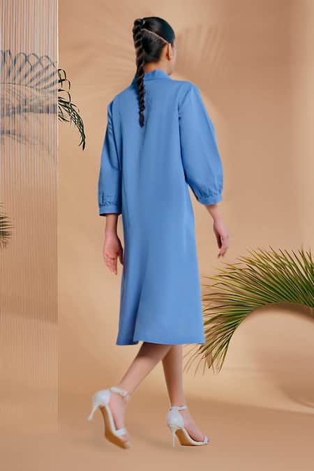 Origani Blue Linen Embroidery Collared Notch Midi Dress Online at Aza Fashions Origani_Blue Linen Embroidery Collared Notch Midi Dress _Online_at_Aza_Fashions