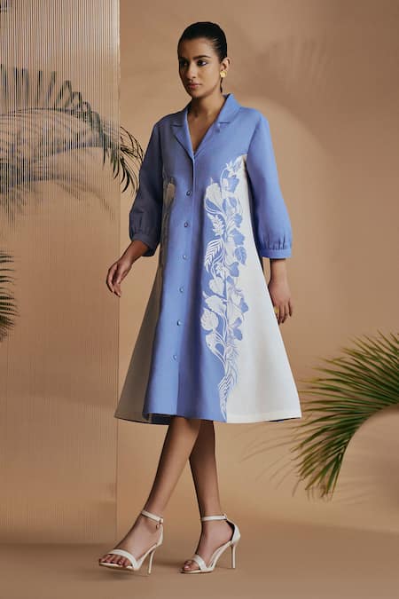 Buy Origani Blue Linen Embroidery Collared Notch Midi Dress Online at Aza Fashions Buy_Origani_Blue Linen Embroidery Collared Notch Midi Dress _Online_at_Aza_Fashions