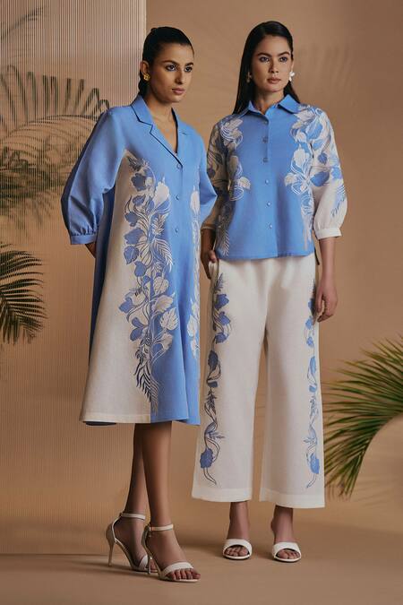 Shop Origani Blue Linen Embroidery Collared Notch Midi Dress Online at Aza Fashions Shop_Origani_Blue Linen Embroidery Collared Notch Midi Dress _Online_at_Aza_Fashions