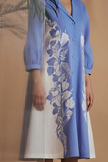 Origani Blue Linen Embroidery Collared Notch Midi Dress at Aza Fashions Origani_Blue Linen Embroidery Collared Notch Midi Dress _at_Aza_Fashions