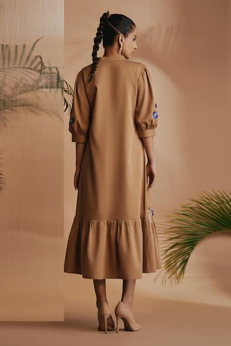 Origani Brown Cotton Satin Embroidery Mandarin Collar Midi Dress Online at Aza Fashions Origani_Brown Cotton Satin Embroidery Mandarin Collar Midi Dress _Online_at_Aza_Fashions