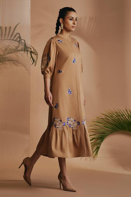 Buy Origani Brown Cotton Satin Embroidery Mandarin Collar Midi Dress Online at Aza Fashions Buy_Origani_Brown Cotton Satin Embroidery Mandarin Collar Midi Dress _Online_at_Aza_Fashions