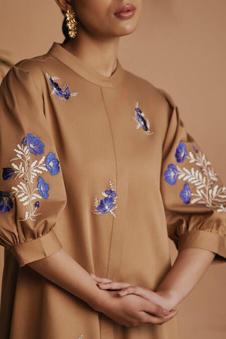 Shop Origani Brown Cotton Satin Embroidery Mandarin Collar Midi Dress Online at Aza Fashions Shop_Origani_Brown Cotton Satin Embroidery Mandarin Collar Midi Dress _Online_at_Aza_Fashions