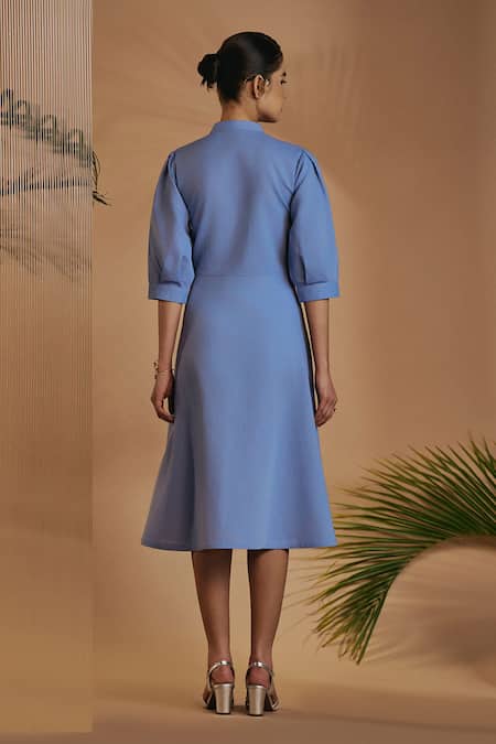 Origani Blue Linen Embroidery Mandarin Collar Fit And Flare Midi Dress Online at Aza Fashions Origani_Blue Linen Embroidery Mandarin Collar Fit And Flare Midi Dress _Online_at_Aza_Fashions