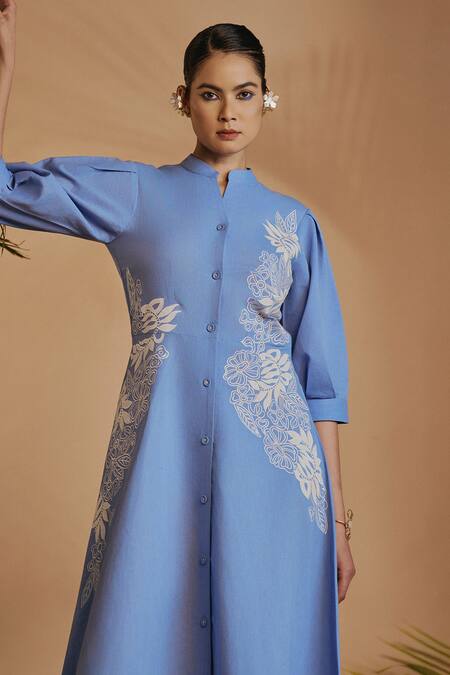 Buy Origani Blue Linen Embroidery Mandarin Collar Fit And Flare Midi Dress Online at Aza Fashions Buy_Origani_Blue Linen Embroidery Mandarin Collar Fit And Flare Midi Dress _Online_at_Aza_Fashions