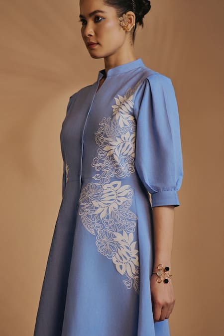 Shop Origani Blue Linen Embroidery Mandarin Collar Fit And Flare Midi Dress Online at Aza Fashions Shop_Origani_Blue Linen Embroidery Mandarin Collar Fit And Flare Midi Dress _Online_at_Aza_Fashions
