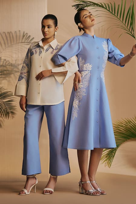 Origani Blue Linen Embroidery Mandarin Collar Fit And Flare Midi Dress at Aza Fashions Origani_Blue Linen Embroidery Mandarin Collar Fit And Flare Midi Dress _at_Aza_Fashions