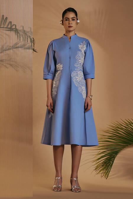 Buy Origani Blue Linen Embroidery Mandarin Collar Fit And Flare Midi Dress Buy_Origani_Blue Linen Embroidery Mandarin Collar Fit And Flare Midi Dress