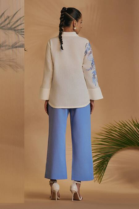 Origani_Ivory Linen Embroidery Collared Co-ord Set _Online_at_Aza_Fashions
