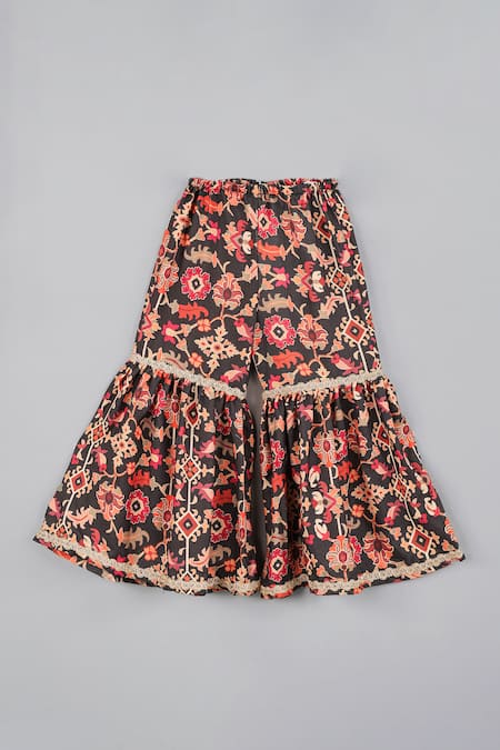 Little Brats_Black Maheshwari, Silk, Cotton Embroidery, Blossom Jaal Print Kurta Sharara Set _Online_at_Aza_Fashions