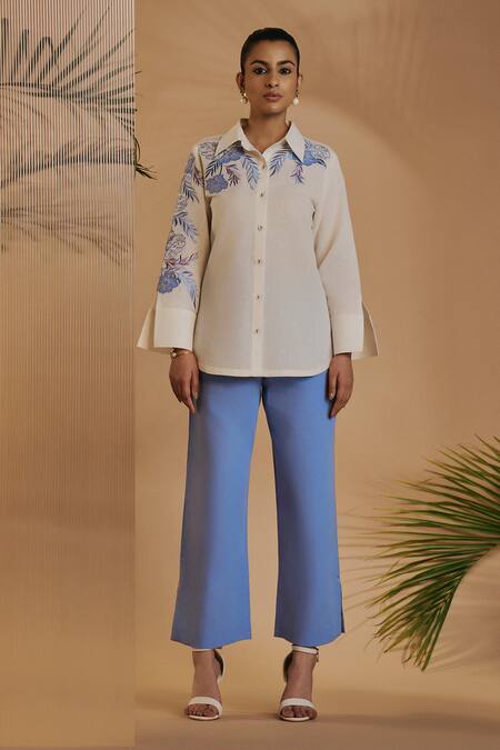 Origani_Ivory Linen Embroidery Collared Co-ord Set _at_Aza_Fashions