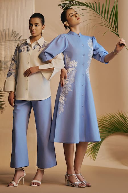 Origani_Ivory Linen Embroidery Collared Spread-collar Shirt _Online_at_Aza_Fashions