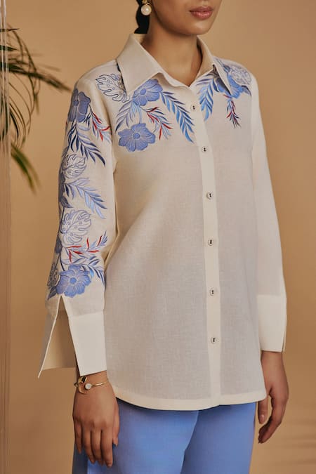 Buy_Origani_Ivory Linen Embroidery Collared Spread-collar Shirt _Online_at_Aza_Fashions