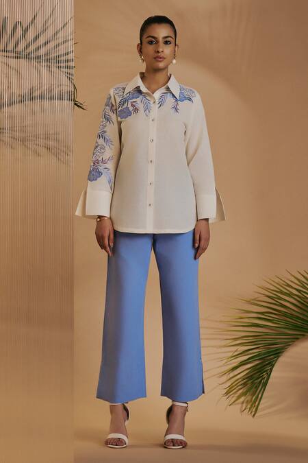 Shop_Origani_Ivory Linen Embroidery Collared Spread-collar Shirt _Online_at_Aza_Fashions