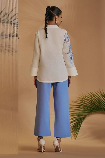 Shop_Origani_Ivory Linen Embroidery Collared Spread-collar Shirt _at_Aza_Fashions