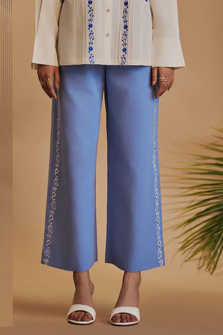 Buy_ORIGANI_Ivory Linen Embroidery Collared Pintuck Shirt And Pant Set _Online_at_Aza_Fashions