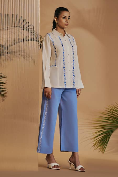 Shop_ORIGANI_Ivory Linen Embroidery Collared Pintuck Shirt And Pant Set _Online_at_Aza_Fashions