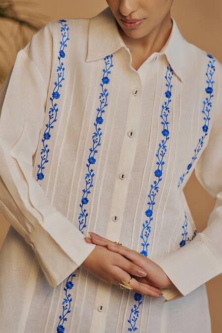 Buy_ORIGANI_Ivory Linen Embroidery Collared Pintuck Shirt And Pant Set 