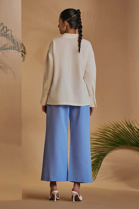 Shop Origani Ivory Linen Embroidery Collared Pintuck Shirt at Aza Fashions Shop_Origani_Ivory Linen Embroidery Collared Pintuck Shirt _at_Aza_Fashions