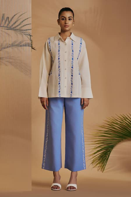 Origani Ivory Linen Embroidery Collared Pintuck Shirt Online at Aza Fashions Origani_Ivory Linen Embroidery Collared Pintuck Shirt _Online_at_Aza_Fashions