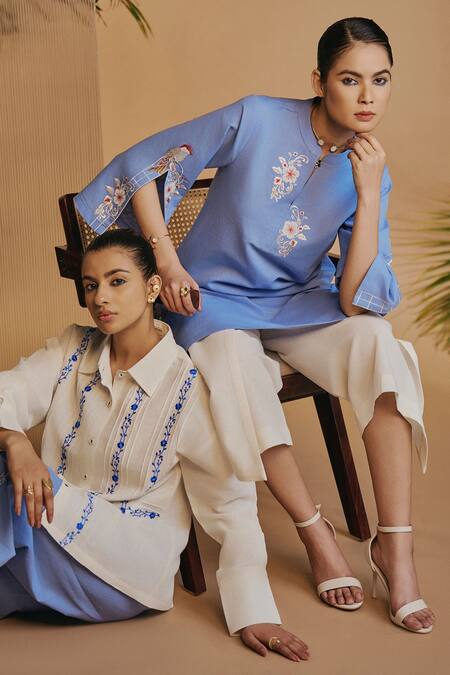 Buy Origani Ivory Linen Embroidery Collared Pintuck Shirt Online at Aza Fashions Buy_Origani_Ivory Linen Embroidery Collared Pintuck Shirt _Online_at_Aza_Fashions