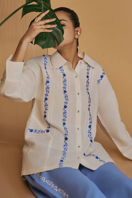 Origani Ivory Linen Embroidery Collared Pintuck Shirt at Aza Fashions Origani_Ivory Linen Embroidery Collared Pintuck Shirt _at_Aza_Fashions
