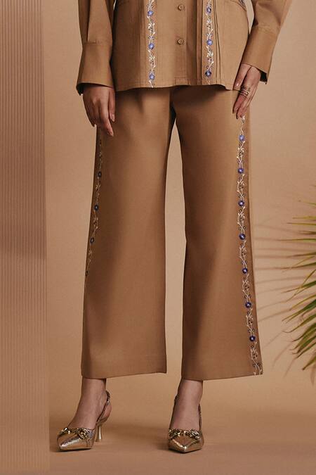 Buy Origani Brown Cotton Satin Embroidery Collared Pintuck Shirt And Pant Set Online at Aza Fashions Buy_Origani_Brown Cotton Satin Embroidery Collared Pintuck Shirt And Pant Set _Online_at_Aza_Fashions