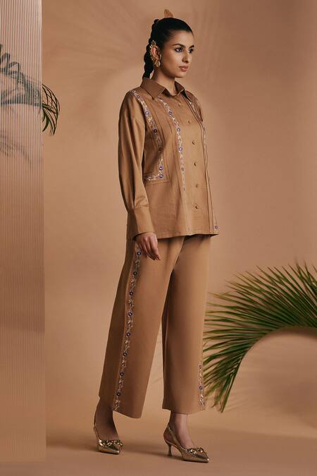 Shop Origani Brown Cotton Satin Embroidery Collared Pintuck Shirt And Pant Set Online at Aza Fashions Shop_Origani_Brown Cotton Satin Embroidery Collared Pintuck Shirt And Pant Set _Online_at_Aza_Fashions