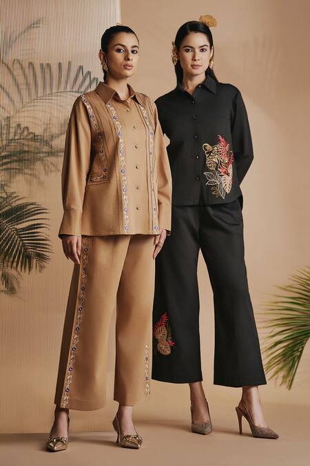 Buy Origani Brown Cotton Satin Embroidery Collared Pintuck Shirt And Pant Set Buy_Origani_Brown Cotton Satin Embroidery Collared Pintuck Shirt And Pant Set
