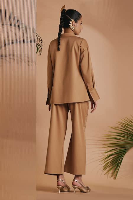 Origani Brown Cotton Satin Embroidery Collared Pintuck Shirt And Pant Set Online at Aza Fashions Origani_Brown Cotton Satin Embroidery Collared Pintuck Shirt And Pant Set _Online_at_Aza_Fashions